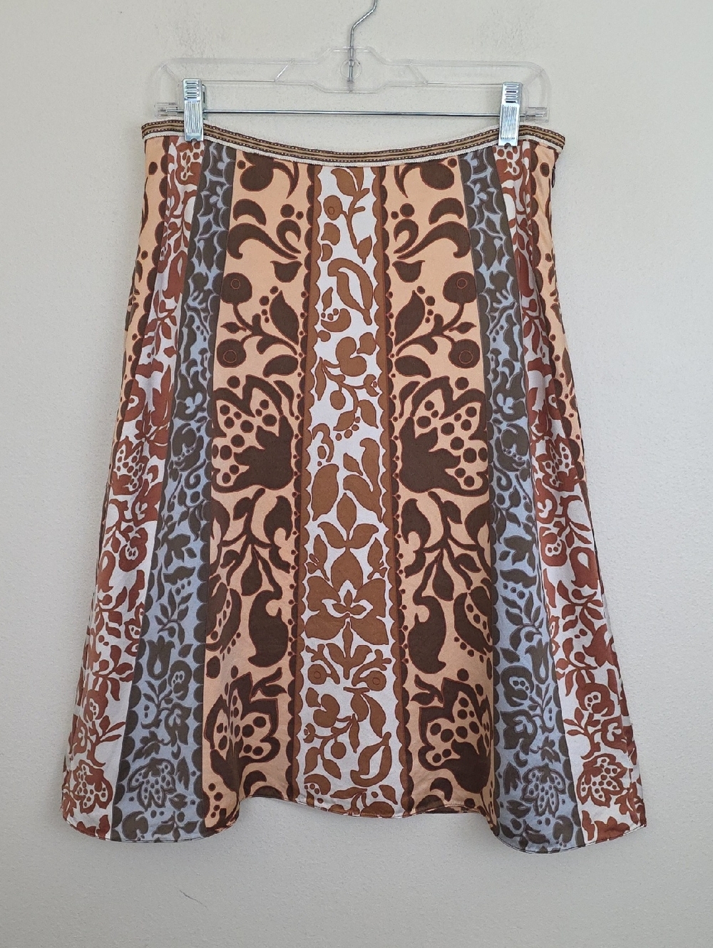 Etcetera Silk Brown, Blue & Tan & Brown Vertical Print Midi Skirt 6